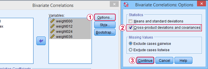 Covariances In SPSS Correlations Options Dialog
