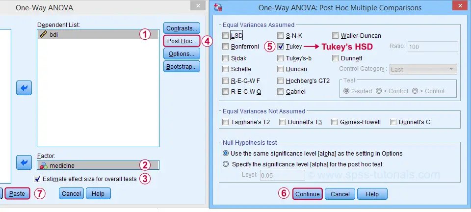 SPSS One Way ANOVA Post Hoc Dialogs